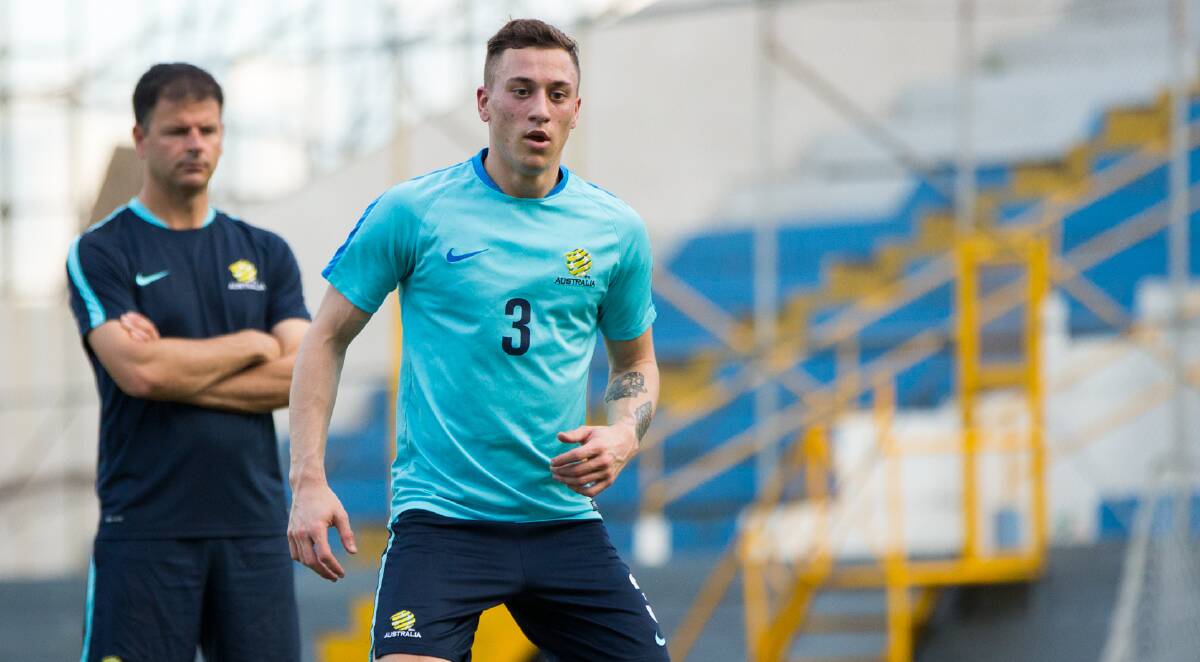 One win away: Cronulla's Alex Gersbach trains with the Socceroos in Honduras last week. Picture: FFA