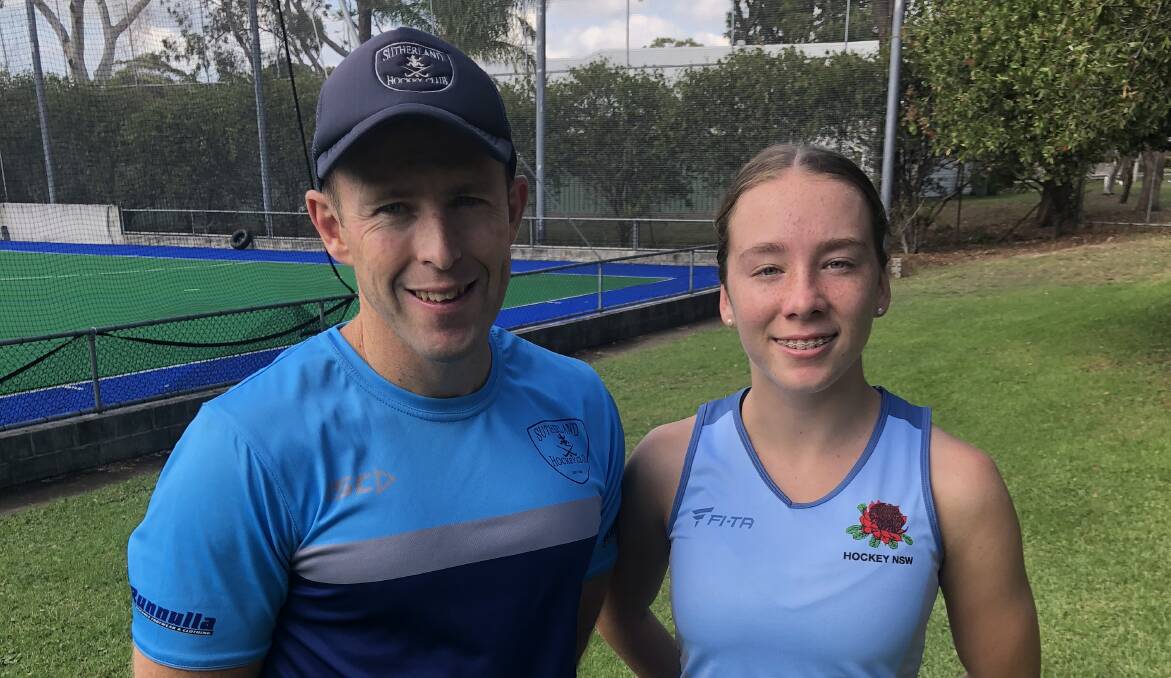 Like father, like daughter: Talented Sutherland junior hockey player Kendelle Tait (left) with her dad and Sutherland first grade coach, Peter. Picture: Supplied