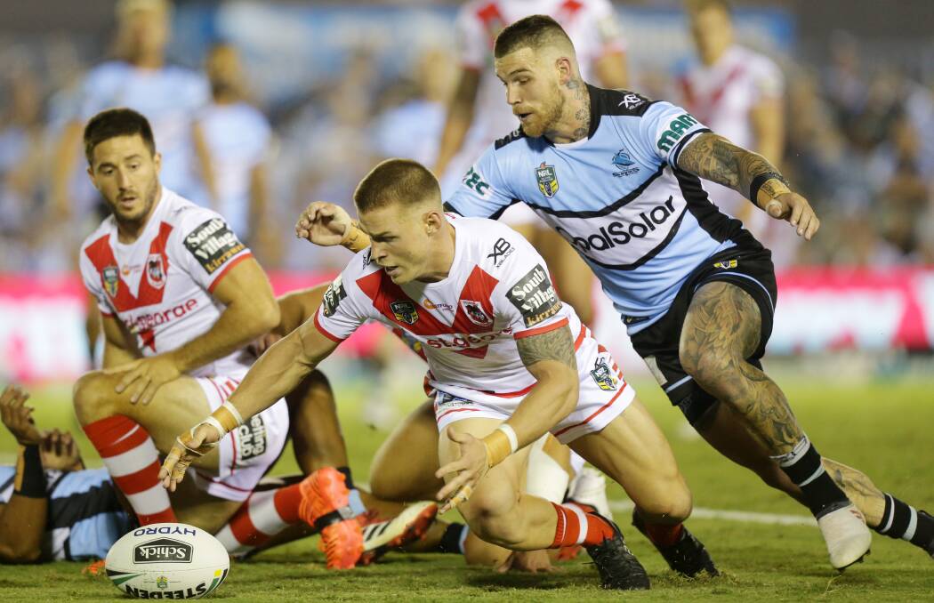 Switch: Former Dragon Josh Dugan played fullback for Cronulla against his old club on Thursday night. Picture: Chris Lane