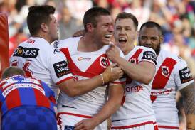 Happy Dragon: Jeremy Latimore scored his first try since round three, 2016 against the Knights in Newcastle on Saturday. Picture: AAP Image