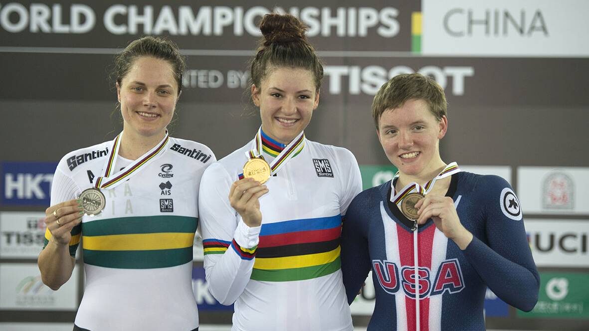 Medal winner: Ashlee Ankudinoff (left) with American gold medal winner Chloe Dygert after finishing second in the women's individual pursuit. Picture: Casey Gibson