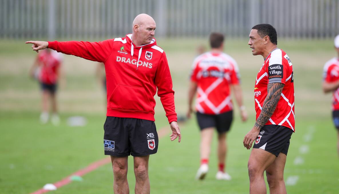 Calling the shots: Dragons coach Paul McGregor speaks with Tyson Frizell at training in Wollongong last week. Picture: Adam McLean