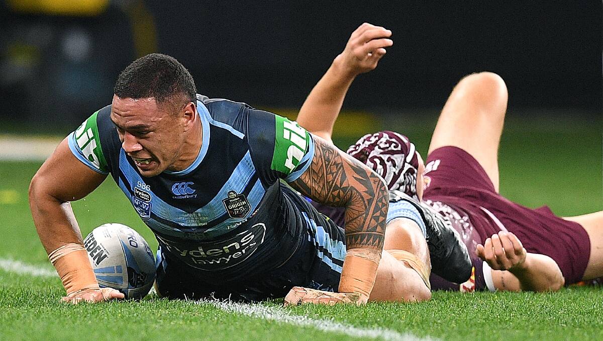 Try time: Dragons forward Tyson Frizell scores for the Blues against Queensland in Origin II in Perth on Sunday night. Picture: AAP Image