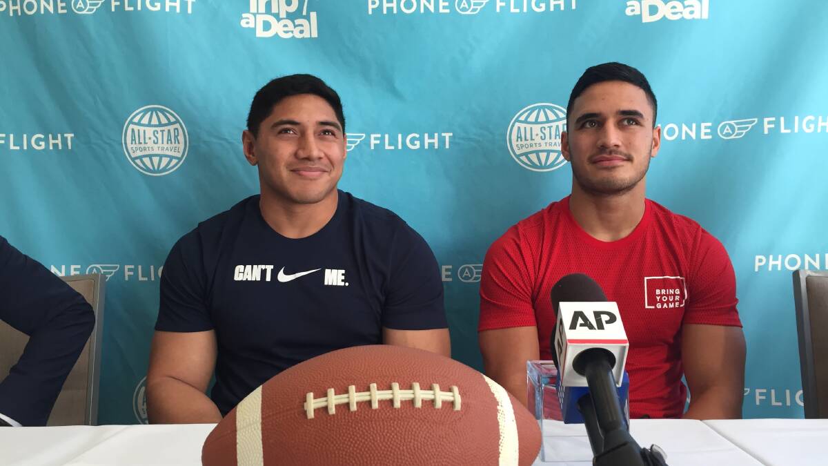 Valentine Holmes (right) with Jason Taumalolo in California in 2016 ahead of the pair's NFL try outs. Picture: AAP