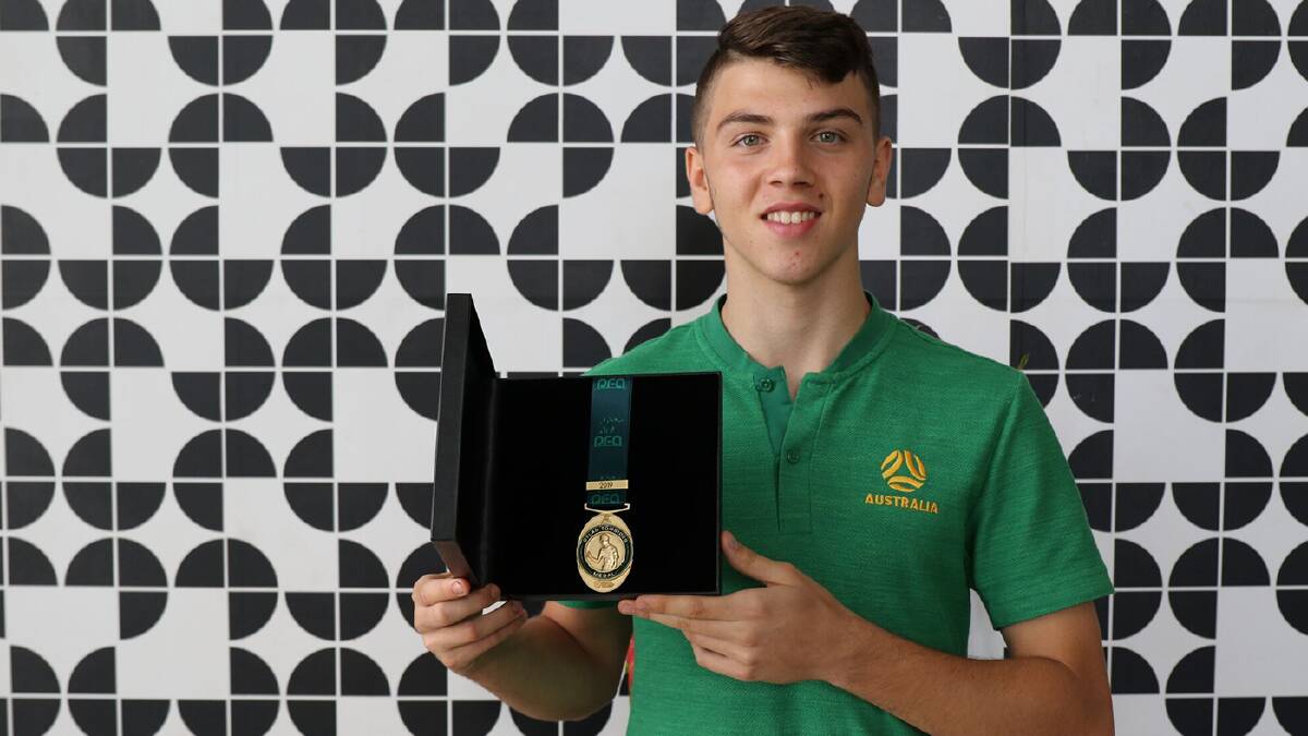 Honour: Rockdale product and Australia under-17s star Noah Botic was awarded the inaugural Dylan Tombides Medal. Picture: PFA/FFA