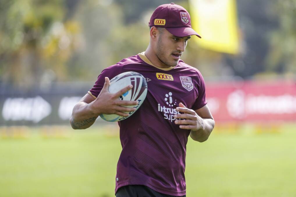 Wanted man: Sharks winger Valentine Holmes training with Queensland in the lead up to Origin III. Picture: Glenn Hunt/AAP Image