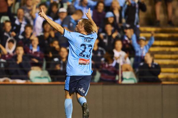 Goal: Rhyan Grant celebrates his winner against Wellington at Leichhardt on Sunday. Picture: Sydney FC