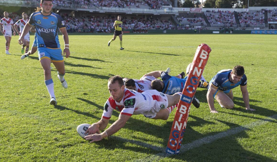 Double trouble: Renown United junior Jason Nightingale scores his second try against the Gold Coast at Kogarah on Saturday. Picture: Craig Golding/AAP Image