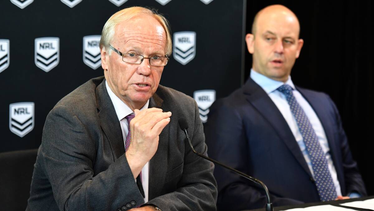 Australian Rugby League Commission chairman Peter Beattie and NRL CEO Todd Greenberg face the media in Sydney on Thursday. Picture: Mick Tsikas/AAP Image