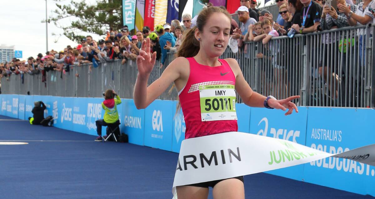 Winner: Sylvania's Imogen Stewart, 12, takes out the 4km junior dash in race record time at the Gold Coast Marathon last month. Picture: Supplied