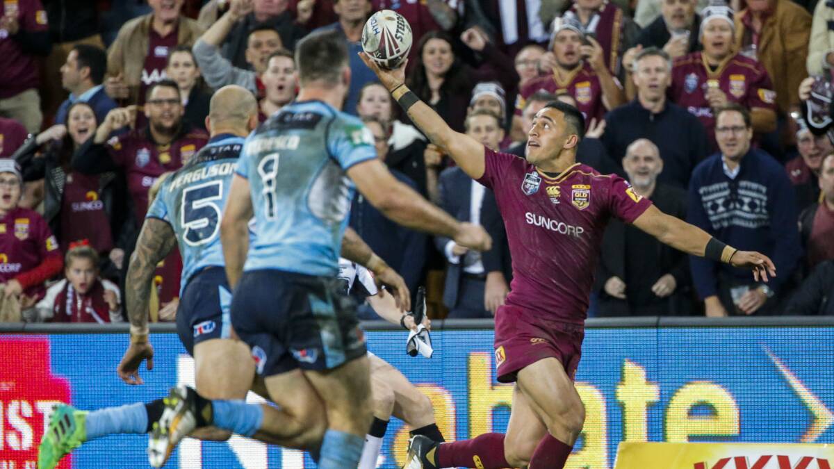 Valentine Holmes scores for Queensland. Picture: AAP