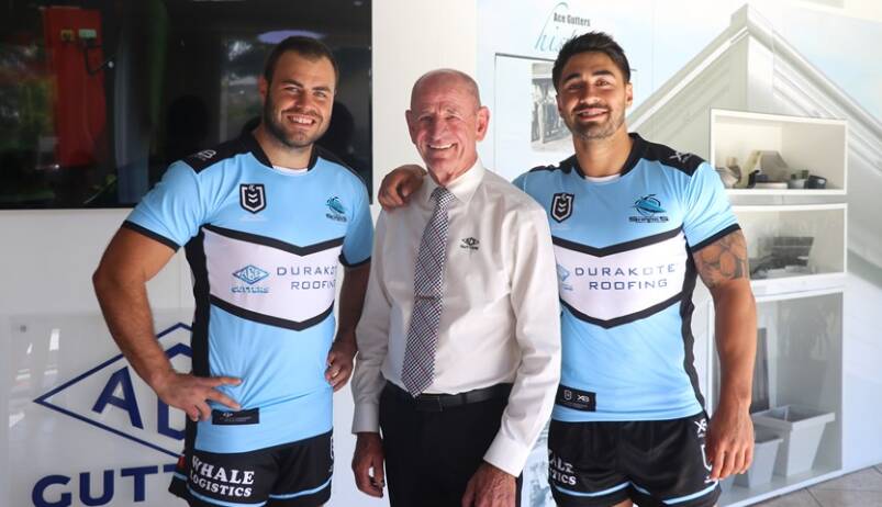 Welcome aboard: Wade Graham and Shaun Johnson alongside Don Anderson, CEO of new Sharks major sponsor Ace Gutters Durakote. Picture: Cronulla Sharks 
