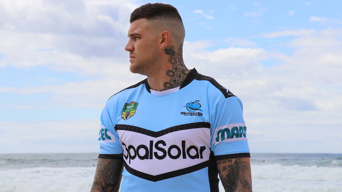 Switching colours: Test centre Josh Dugan has swapped the red V for the black, white and blue. Picture: Cronulla Sharks
