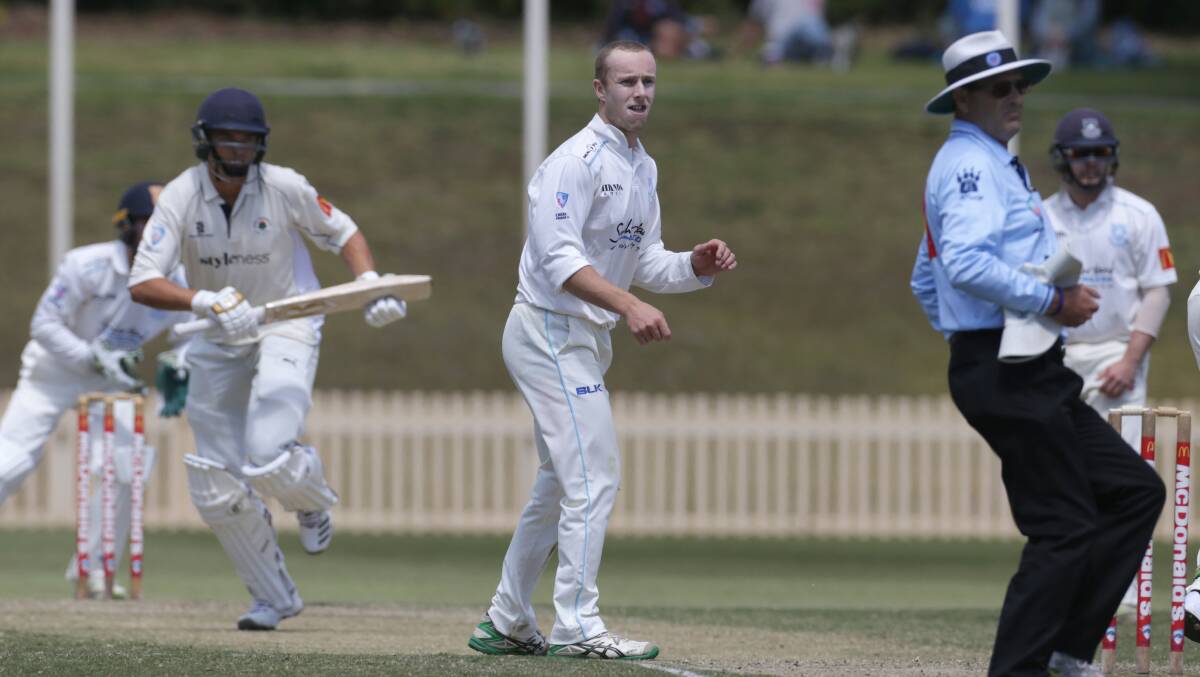 In the game: Daniel Fallins dismissed former Australia wicketkeeper Peter Nevill. Picture: John Veage
