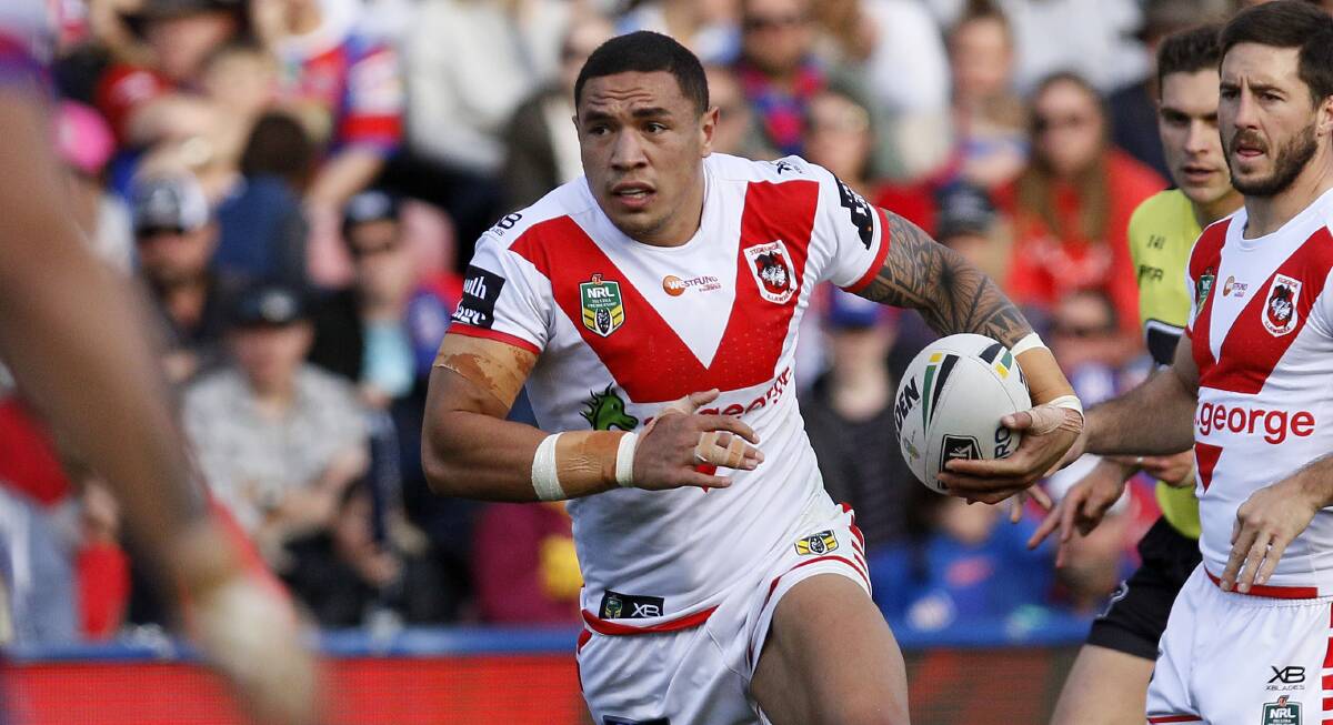 Tyson Frizell hits the ball up against Newcastle on Saturday. Picture: Darren Pateman/AAP Image