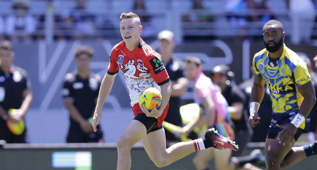Jai Field races away for the Dragons against Parramatta at the 2017 Auckland Nines. Picture: NRL Photos