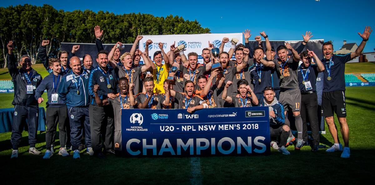 Back to back: Sutherland Sharks players celebrate their under-20s premiership after downing Sydney FC in the grand final. Picture: Football NSW