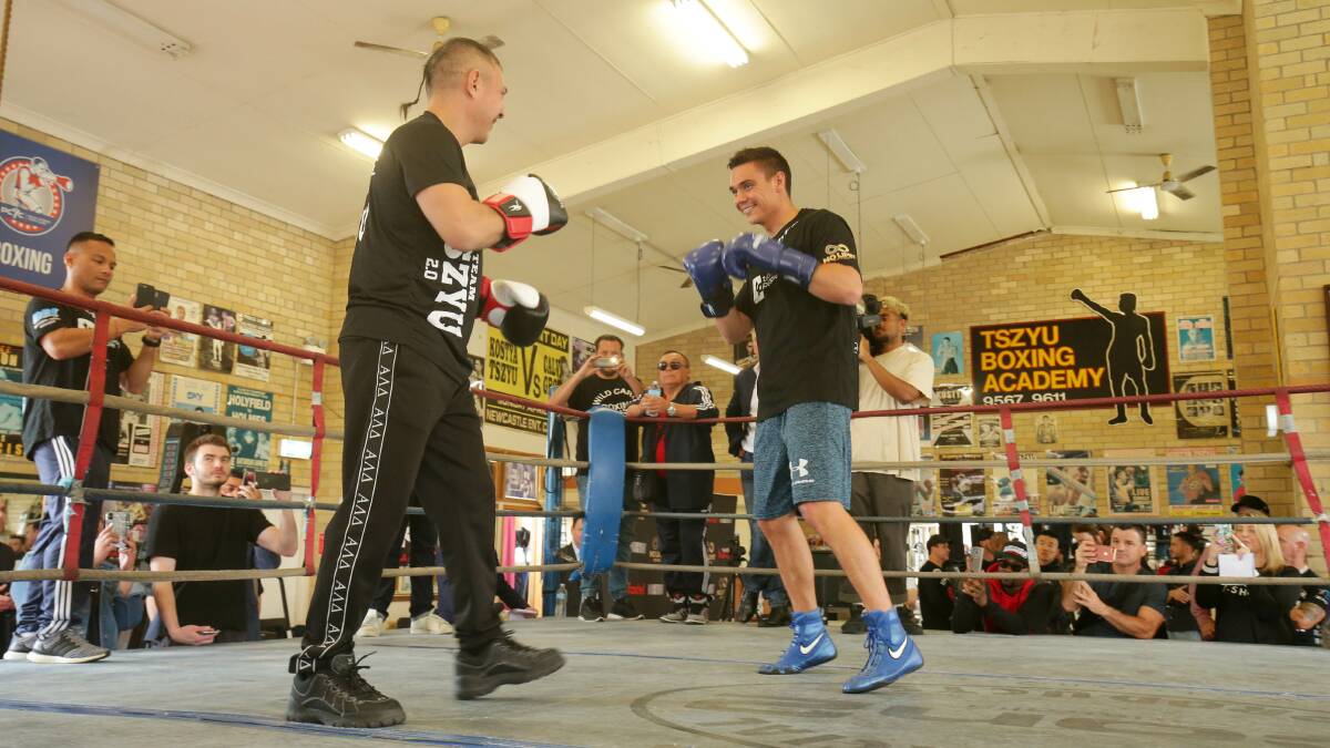 Tim Tszyu spars with his legendary father, Kostya, at Rockdale last month. Pictures: Chris Lane