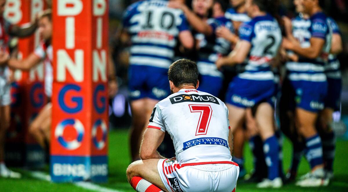 Shattered: Dragons halfback Ben Hunt was helpless behind a well-beaten forward pack against Canterbury on Sunday. Picture: Brendan Esposito/AAP Image