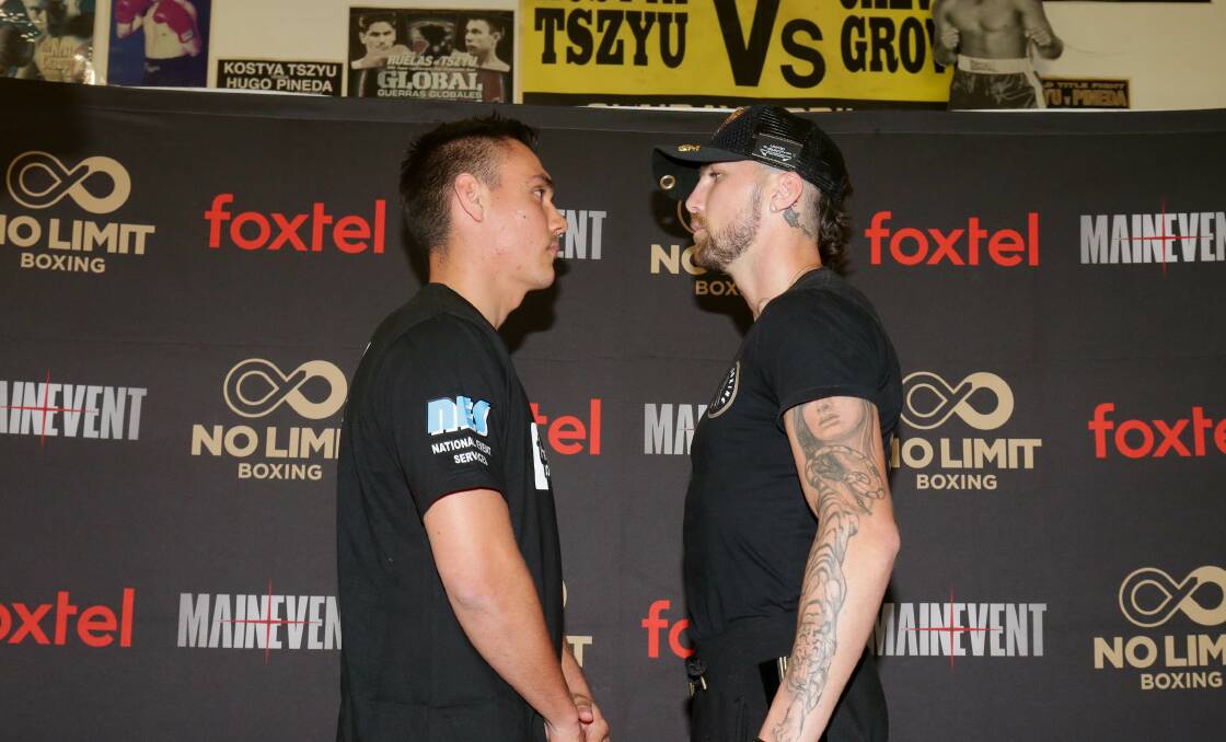 Face to face: Rockdale's Tim Tszyu and Cronulla's Jack Brubaker will meet again face to face on Friday night. Picture: Chris Lane