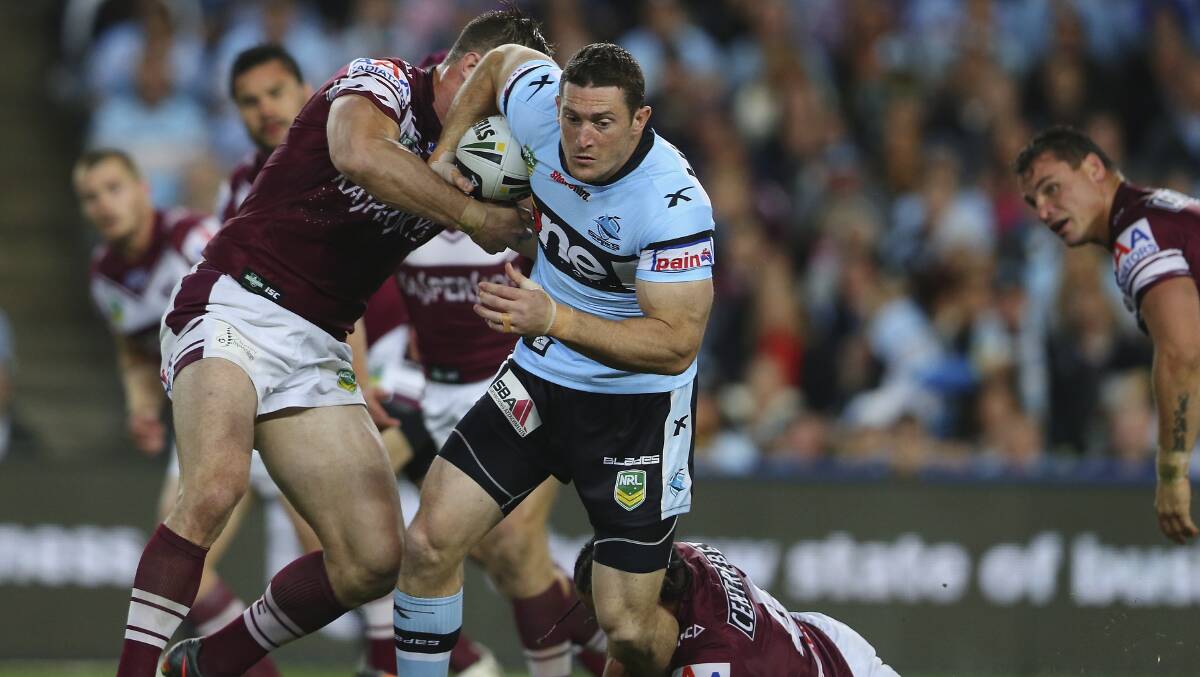 Reduced ban: Ben Pomeroy playing for Cronulla against Manly in their semi-final in 2013. Picture: Mark Kolbe/Getty Images