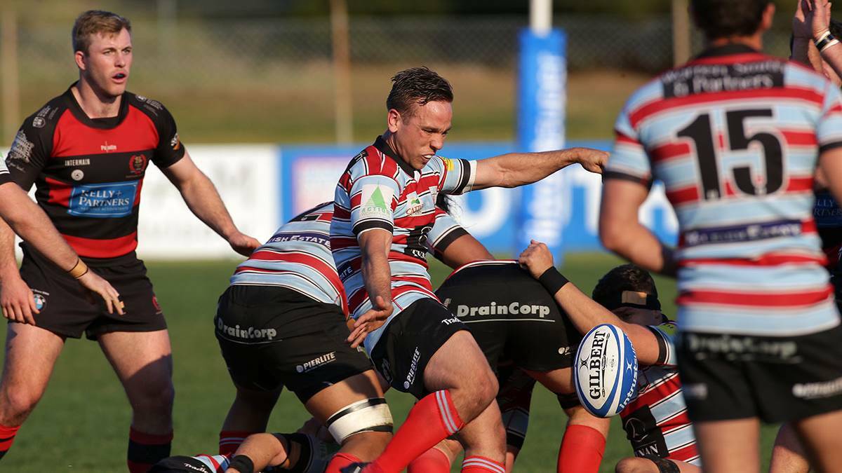 Rebels halfback Sam Harris has a kick charged down against Norths in the Shute Shield elimination final. Picture: John Veage