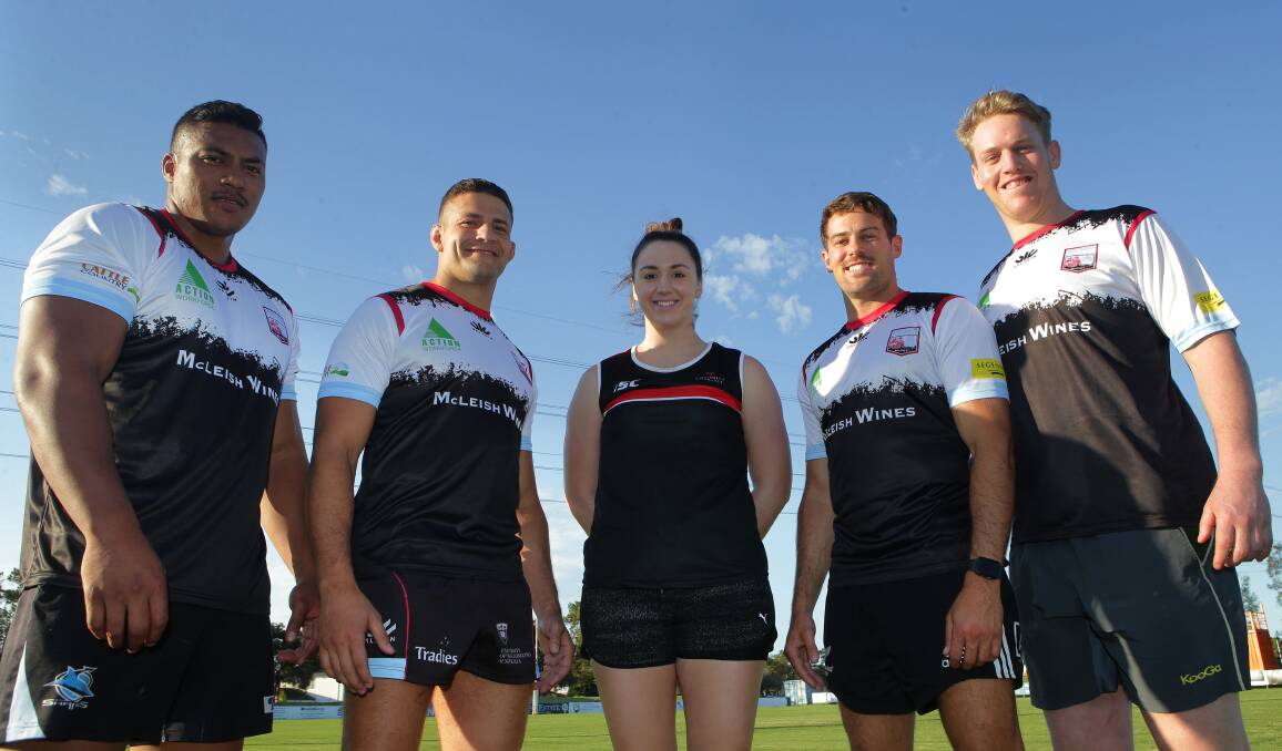 Ready to go: Southern Districts players (from left) Suni Fatialofa, Marcus Carbone, ladies sevens team forward Olivia White, Jamie Verren and Jake Douglas. Picture: John Veage