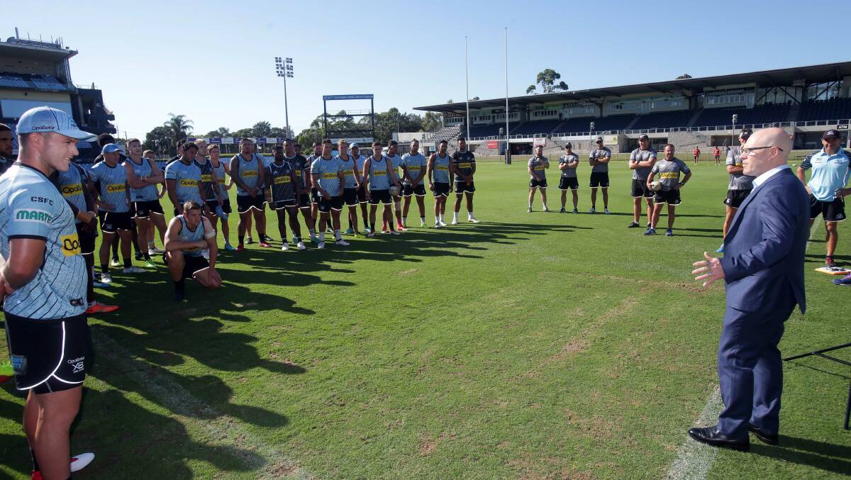 New Cronulla Sharks CEO Barry Russell addresses the club's playing squad at Southern Cross Group Stadium on Thursday morning. Picture: Chris Lane