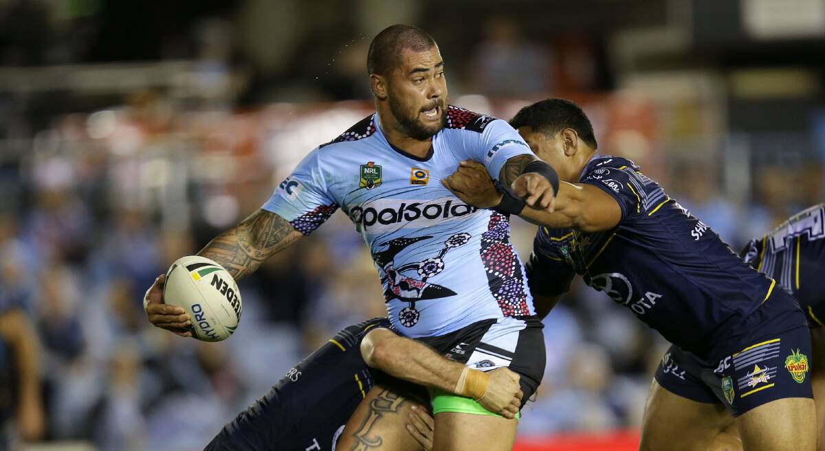 On top: Sharks prop Andrew Fifita led the fightback on Thursday night. Picture: John Veage