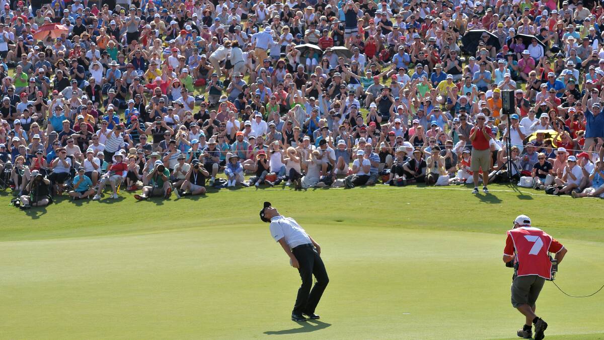 The moment: Matt Jones slides in a putt at the 18th hole to win the 2015 Australian Open. Picture: Golf Australia