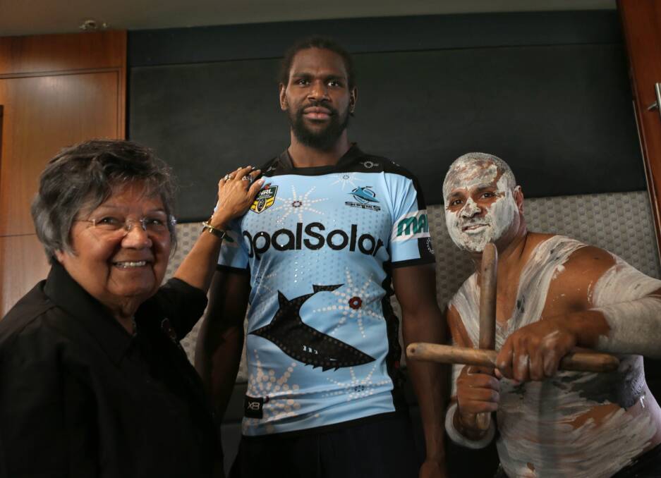 Star man: Edrick Lee with 'Aunty' Deanna Schreiber, who designed the club's Indigenous jersey, at Cronulla's cultural awareness afternoon last week. Picture: John Veage