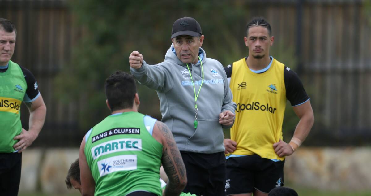 Changing colours: Shane Flanagan coaching Cronulla during pre-season in November, 2018. Picture: John Veage