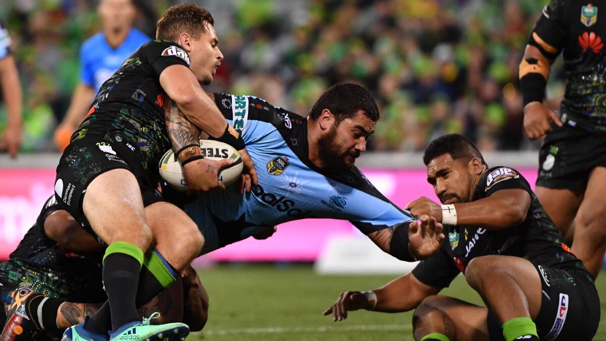 Unstoppable: Sharks prop Andrew Fifita in action against Canberra on Sunday. Picture: Mick Tsikas/AAP Images