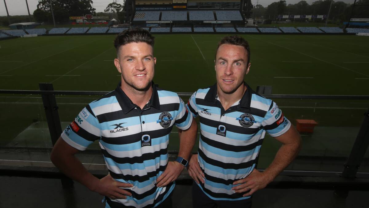Six and seven: Cronulla halves Chad Townsend (left) and James Maloney will look to lead the Sharks to derby victory against the Dragons tonight. Picture: John Veage