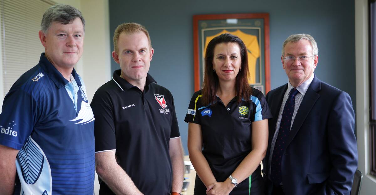 Together: (From left) Sutherland Shire FA general manager Jeff Stewart, St George FA general manager Craig Kiely, Football South Coast CEO Ann-Marie Balliana and Southern Expansion CEO Chris Gardiner. Picture: John Veage