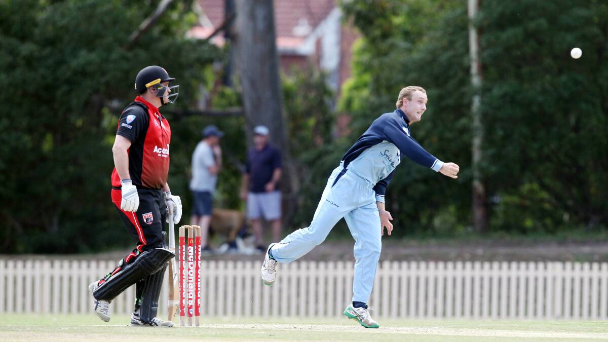 Chance: Young Sharks and Sydney Sixers leg spinner Daniel Fallins sends down a delivery for Sutherland. Picture: Chris Lane