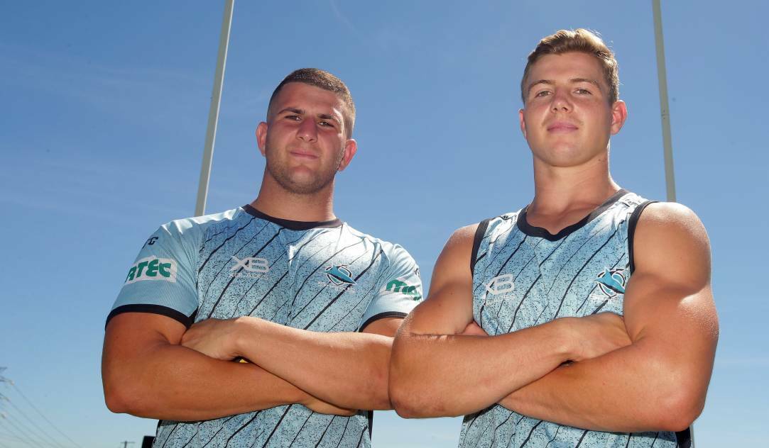 Billy Magoulias (left) and Blayke Brailey could have important roles to play for the Sharks against the Warriors. Picture: Chris Lane