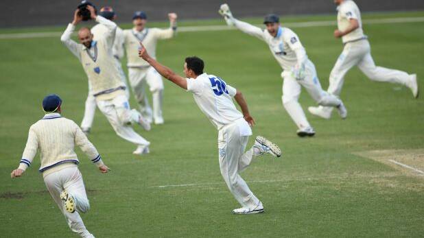 Scenes: NSW quick Mitchell Starc celebrates his second hat-trick of the match to secure victory for the Blues at Hurstville Oval. Picture: AAP