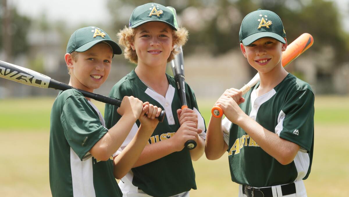 Green and gold trio: Shire junior baseballers (from left) Brendan Regan, Jye Burns and Finn Ramanauskas will play at the World Cup. Picture: Chris Lane