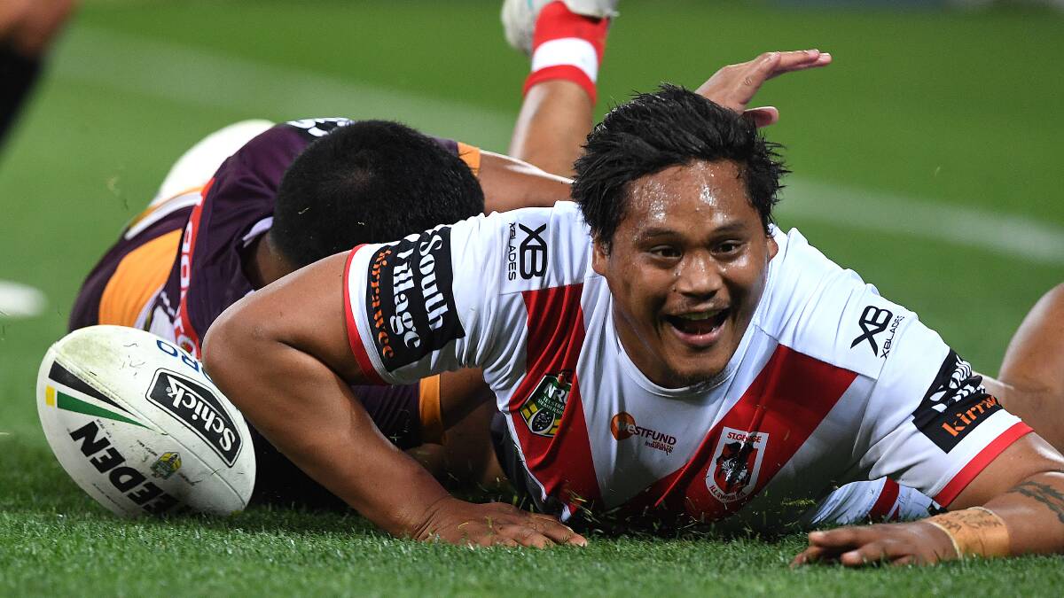 Magic man: Luciano Leilua scores a try for the Dragons in their elimination finals win over Brisbane last season. Picture: Dave Hunt/AAP Image