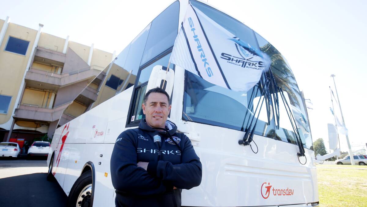 On the bus: Sharks coach Shane Flanagan wants to remain at Cronulla for the long haul. Picture: Chris Lane