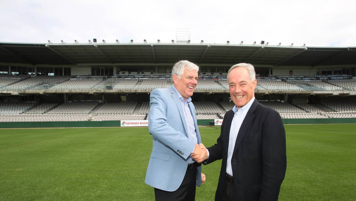 New home?: Southern Expansion chairman Morris Iemma (right) and Georges River Council mayor Kevin Greene at Jubilee Oval, Kogarah in March. Picture: Chris Lane