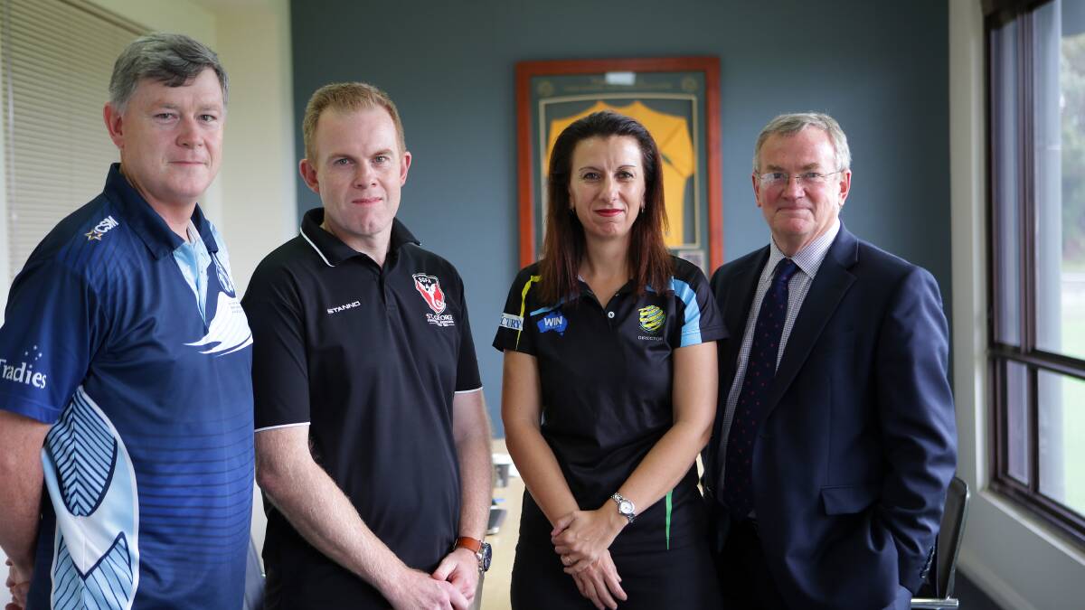 United: Southern Expansion CEO Chris Gardiner (right) with Sutherland Shire FA general manager Jeff Stewart, St George FA general manager Craig Kiely and Football South Coast CEO Ann-Marie Balliana at the first meeting of the advisory committee in March last year. Picture: John Veage