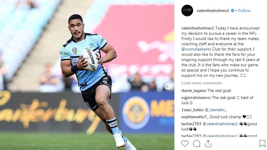 Valentine Holmes posted on social media to confirm the news. Picture: Instagram