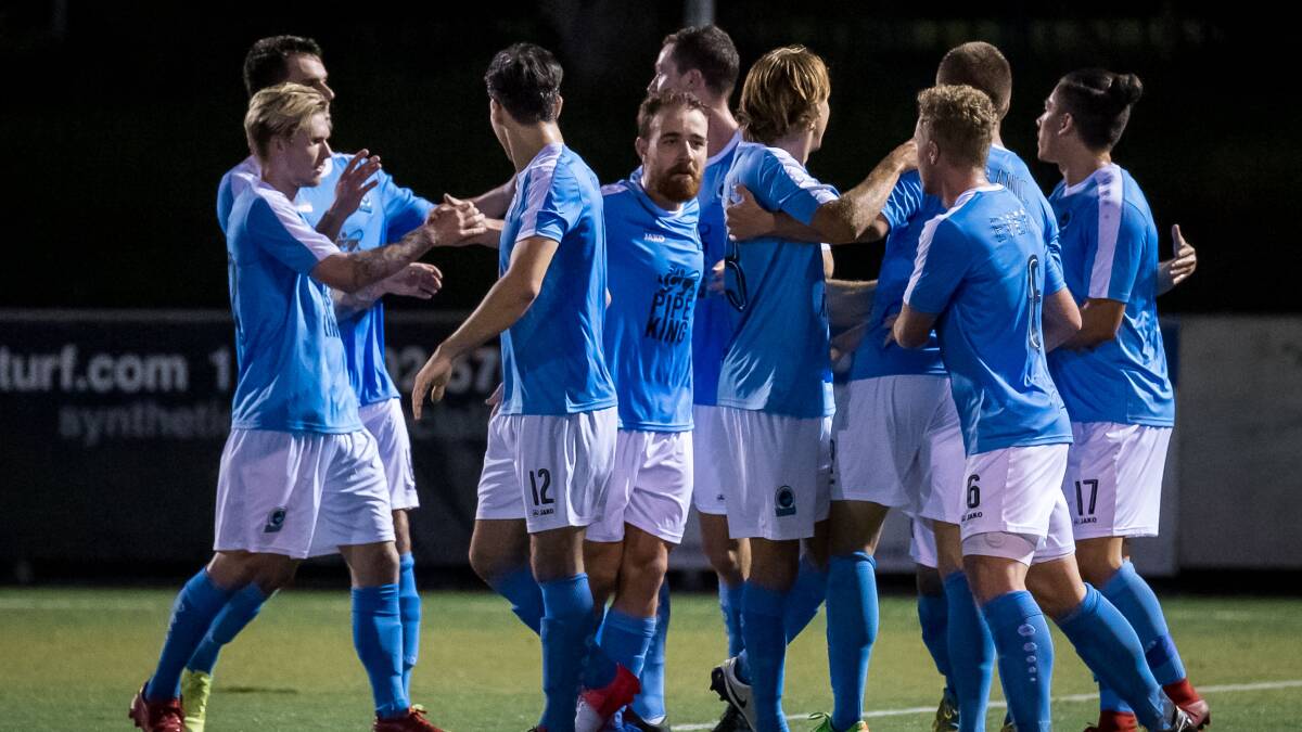 Celebration: Sutherland scored a superb 2-0 away win over Marconi on Saturday night thanks to a Joshua Da Silva double. Picture: Football NSW