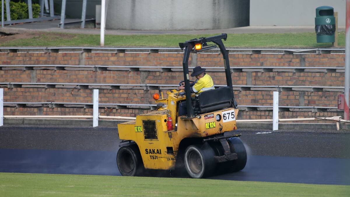Roll on: Work on the Hurstville Oval cycling track. Picture: John Veage