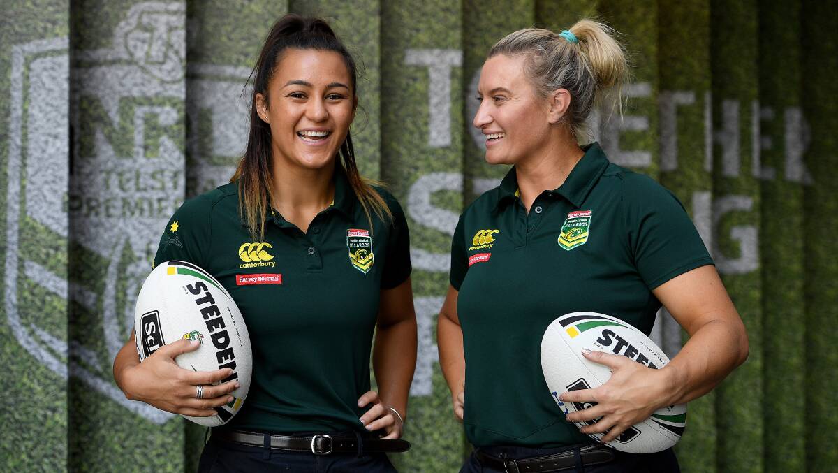 Exciting future: Cronulla Sharks women's stars Corban McGregor (left) and Ruan Sims at the press conference announcing the launch of a women's NRL competition. Picture: AAP