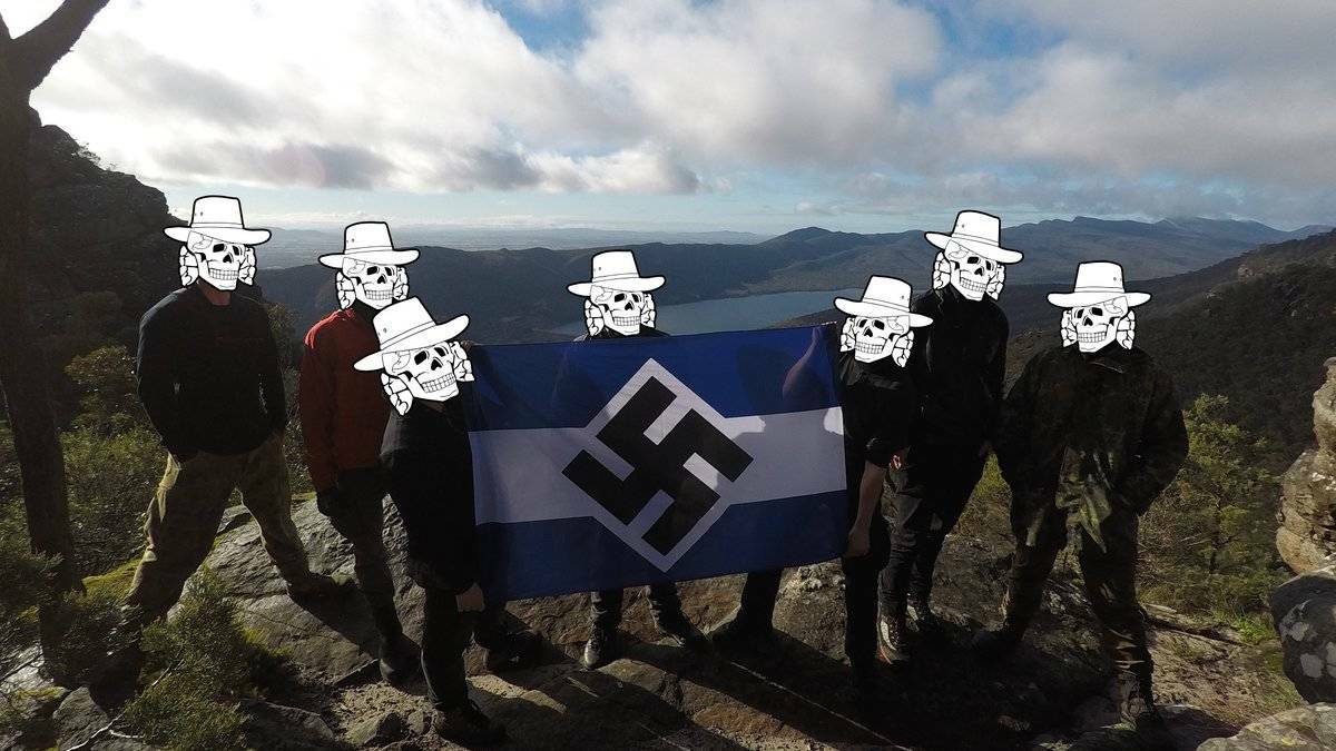 'Antipodean Resistance' neo-Nazis during a training camp in the Grampians. They obscured their own faces with a logo that combines a NAZI SS symbol and an Australian cattleman's hat. Photo: Twitter