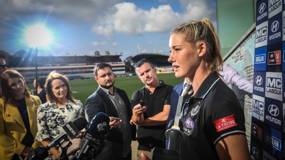 Tayla Harris speaks at a press conference after the furore. Photo: Justin McManus