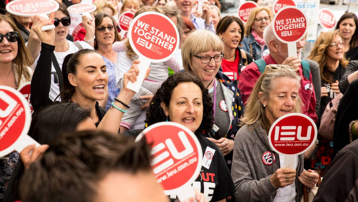 Strike: Many of the teachers and support staff who went on strike today took part in organised rallies. Three were held in Sydney including at Revesby, Liverpool and Leichhardt. Picture: Supplied